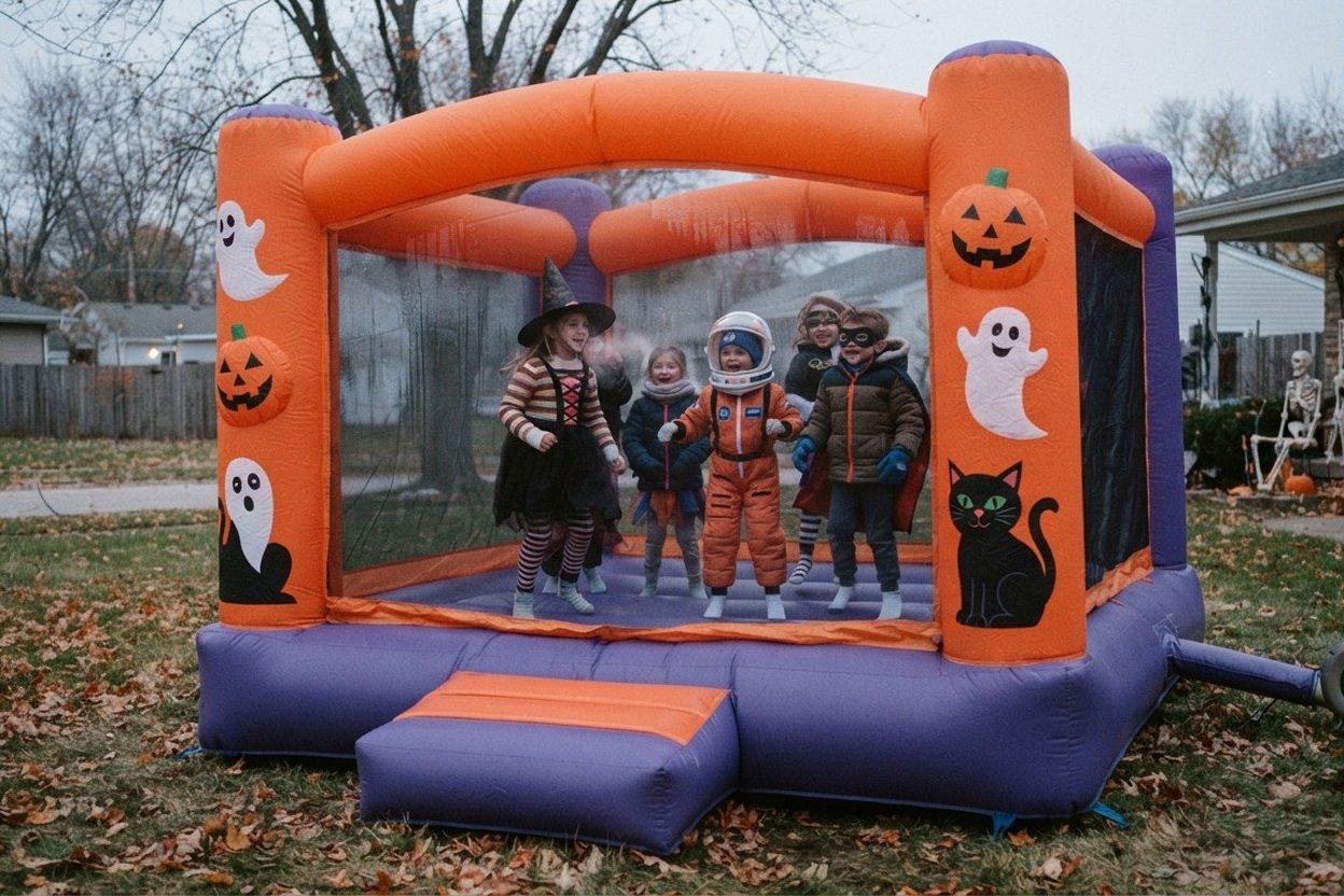 Children jumping in an inflatable bounce house on a grassy yard on an autumn day, with fallen leaves and bare trees behind it.