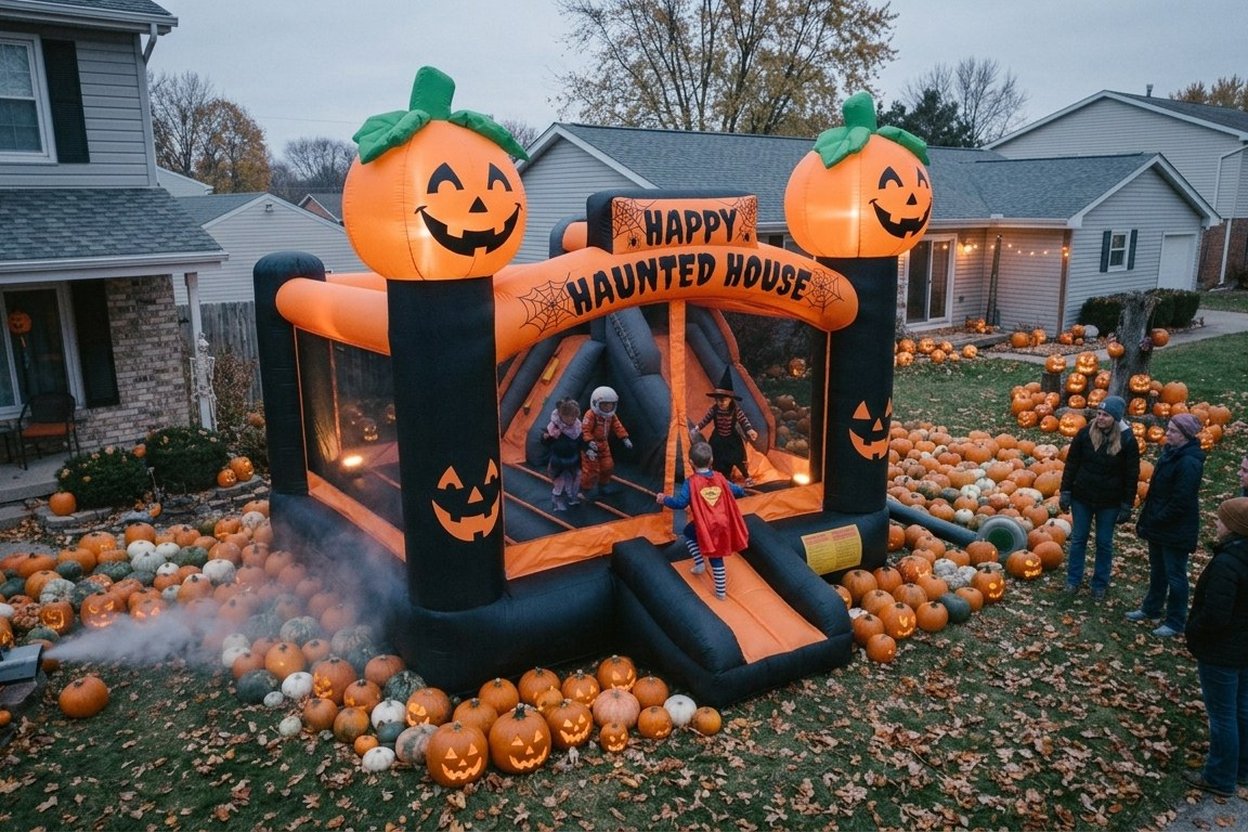Children playing in an inflatable bounce house on an autumn lawn, with orange pumpkins nearby and a staked anchor visible at the edge.