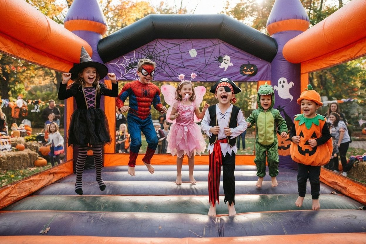 Costume pieces—capes, masks, shoes, and accessories—arranged on hooks at the entrance of a bounce house before children play.