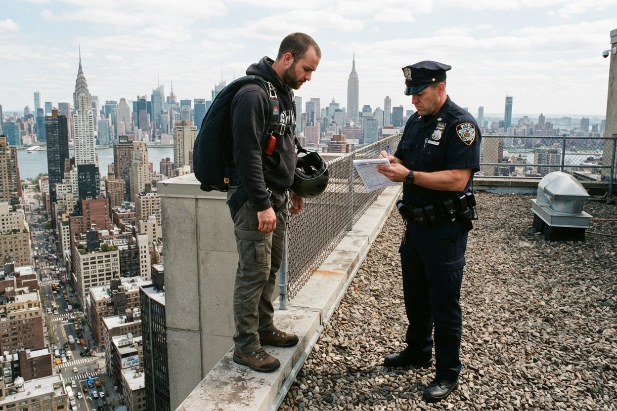 An NYPD officer with a clipboard talking to a jumper in a helmet and harness on a New York City rooftop.
