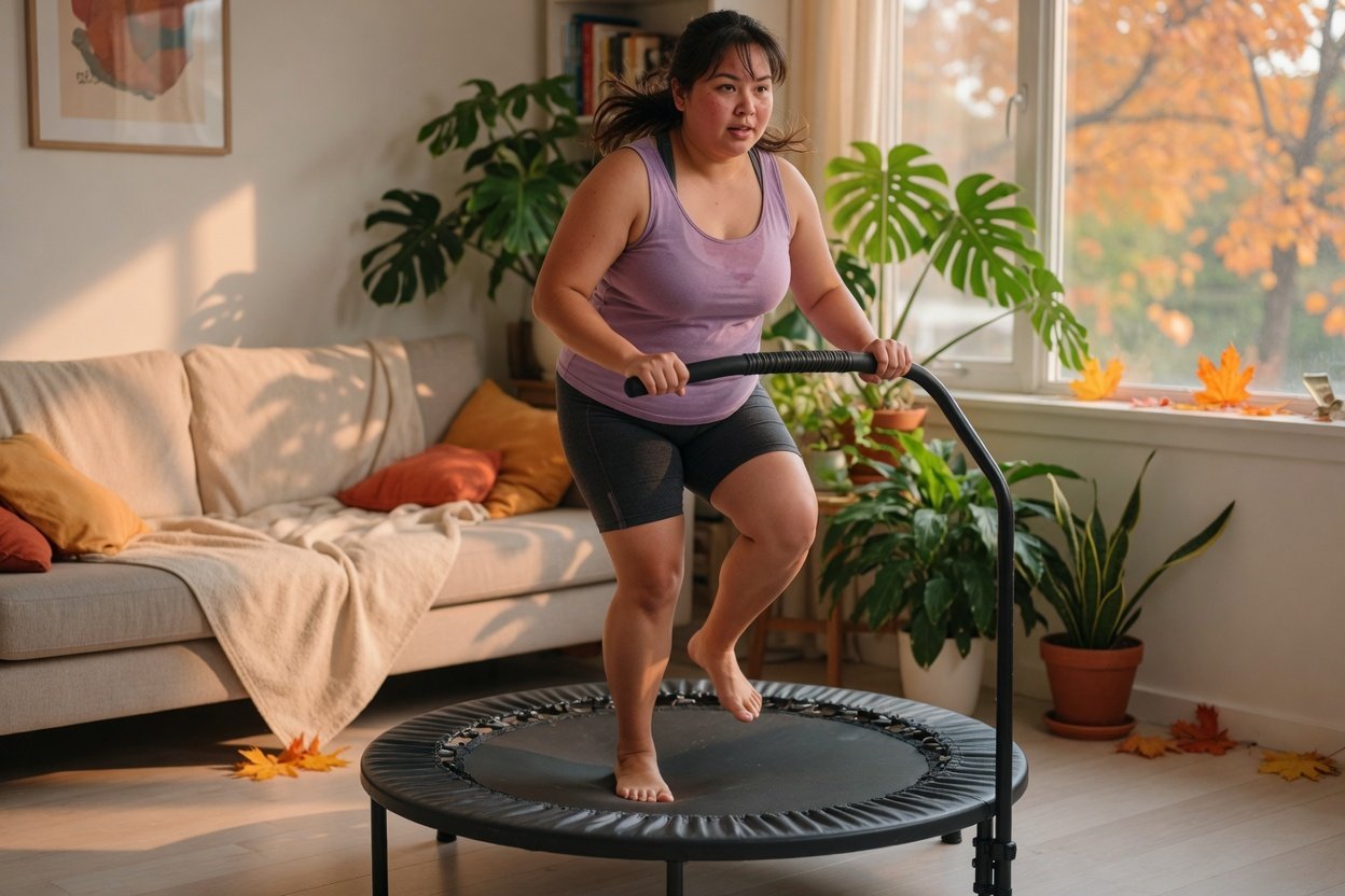 A woman bouncing on a mini-trampoline rebounder in her living room