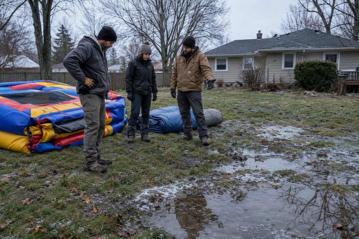 Three people stand in a muddy yard next to deflated bounce houses.