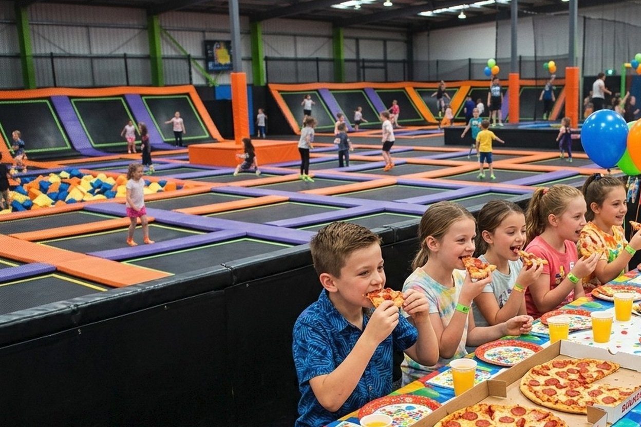 Kids in matching grip socks eating pizza at a long party table beside the trampoline courts at an indoor trampoline park